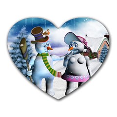 Funny, Cute Snowman And Snow Women In A Winter Landscape Heart Mousepads by FantasyWorld7