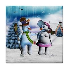 Funny, Cute Snowman And Snow Women In A Winter Landscape Face Towel by FantasyWorld7