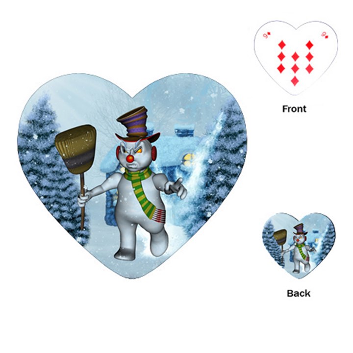 Funny Grimly Snowman In A Winter Landscape Playing Cards (Heart) 