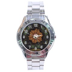Abloom In Autumn Leaves With Faded Fractal Flowers Stainless Steel Analogue Watch by jayaprime