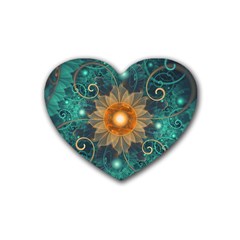 Beautiful Tangerine Orange And Teal Lotus Fractals Rubber Coaster (heart)  by jayaprime