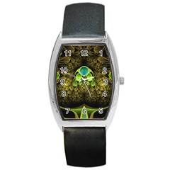 Beautiful Gold And Green Fractal Peacock Feathers Barrel Style Metal Watch by jayaprime