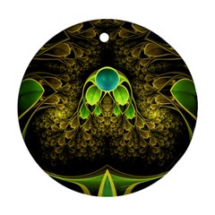 Beautiful Gold And Green Fractal Peacock Feathers Round Ornament (two Sides) by jayaprime