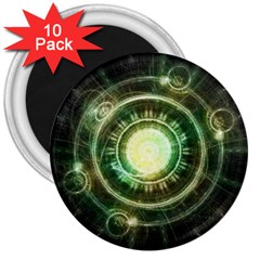 Green Chaos Clock, Steampunk Alchemy Fractal Mandala 3  Magnets (10 Pack)  by jayaprime