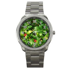Christmas Season Floral Green Red Skimmia Flower Sport Metal Watch by yoursparklingshop