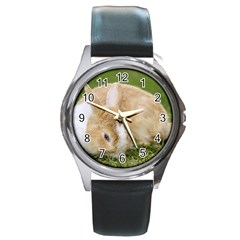 Beautiful Blue Eyed Bunny On Green Grass Round Metal Watch by Ucco