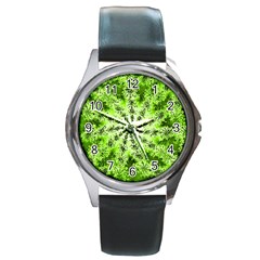 Lime Green Starburst Fractal Round Metal Watch