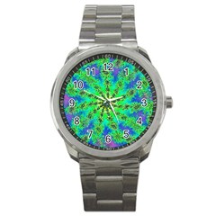 Green Psychedelic Starburst Fractal Sport Metal Watch