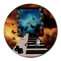 Music, Piano With Birds And Butterflies Round Mousepads by FantasyWorld7