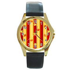 Autumn Fall Leaves Vertical Round Gold Metal Watch by Celenk