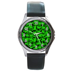 Bright Neon Green Catmouflage Round Metal Watch by PodArtist