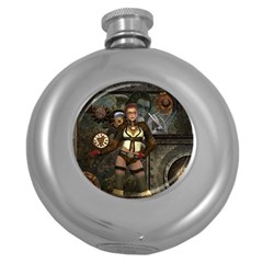 Steampunk, Steampunk Women With Clocks And Gears Round Hip Flask (5 Oz) by FantasyWorld7