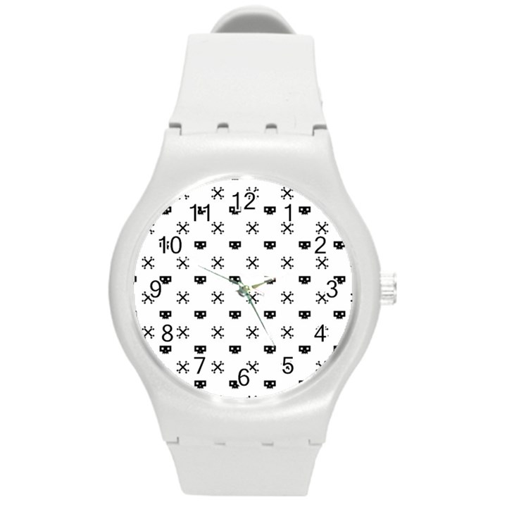 Black Pixel Skull Pirate Round Plastic Sport Watch (M)