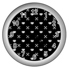 White Pixel Skull Pirate Wall Clocks (silver)  by jumpercat