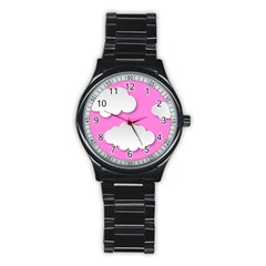 Clouds Sky Pink Comic Background Stainless Steel Round Watch by BangZart