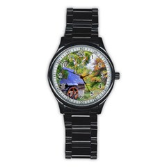 Landscape Blue Shed Scenery Wood Stainless Steel Round Watch by BangZart