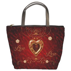 Wonderful Hearts With Floral Elemetns, Gold, Red Bucket Bags by FantasyWorld7