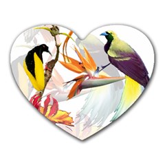 Exotic Birds Of Paradise And Flowers Watercolor Heart Mousepads