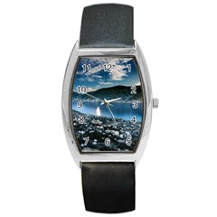 Shore Mountain Water Landscape Barrel Style Metal Watch