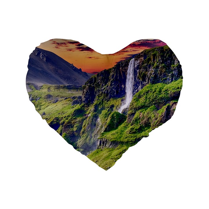 Waterfall Landscape Nature Scenic Standard 16  Premium Flano Heart Shape Cushions