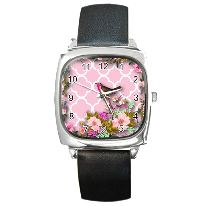 shabby chic,floral,bird,pink,collage Square Metal Watch