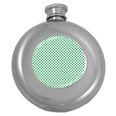 Green Shamrock Clover On White St  Patrick s Day Round Hip Flask (5 Oz) by PodArtist