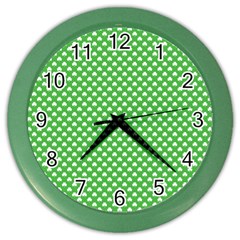 White Heart-shaped Clover On Green St  Patrick s Day Color Wall Clocks by PodArtist
