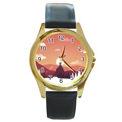 Design Art Hill Hut Landscape Round Gold Metal Watch