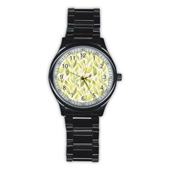 Green Leaves Nature Patter Stainless Steel Round Watch by paulaoliveiradesign