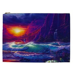 Sunset Orange Sky Dark Cloud Sea Waves Of The Sea, Rocky Mountains Art Cosmetic Bag (xxl)  by Sapixe