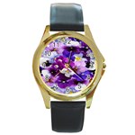 Graphic Background Pansy Easter Round Gold Metal Watch