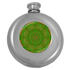 Wonderful Mandala Of Green And Golden Love Round Hip Flask (5 Oz) by pepitasart