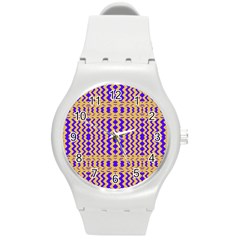 Purple Yellow Wavey Lines Round Plastic Sport Watch (m) by BrightVibesDesign