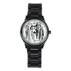 Black And White City Stainless Steel Round Watch by digitaldivadesigns