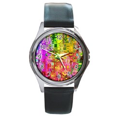 Color Abstract Artifact Pixel Round Metal Watch