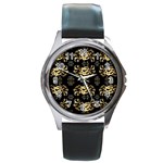 golden flowers on black with tiny gold dragons created by Kiekie Strickland Round Metal Watch Front