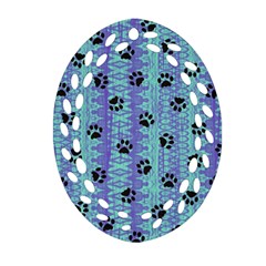 Footprints Cat Black On Batik Pattern Teal Violet Ornament (oval Filigree)