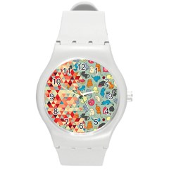 Hipster Triangles And Funny Cats Cut Pattern Round Plastic Sport Watch (m) by EDDArt
