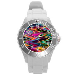 Multicolored Wave Distortion Zigzag Chevrons Round Plastic Sport Watch (l) by EDDArt