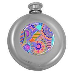 Pop Art Paisley Flowers Ornaments Multicolored 3 Round Hip Flask (5 Oz) by EDDArt