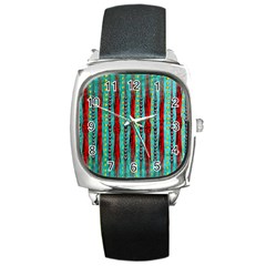 Bluegreen Background Red And Orange Seamless Design Created By Flipstylez Designs Square Metal Watch by flipstylezfashionsLLC