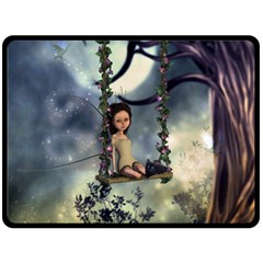 Cute Little Fairy With Kitten On A Swing Fleece Blanket (large)  by FantasyWorld7
