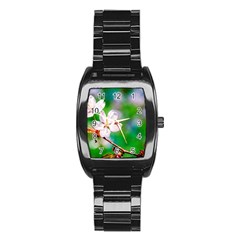 Sakura Flowers On Green Stainless Steel Barrel Watch by FunnyCow