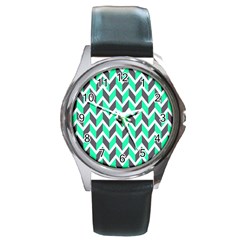 Zigzag Chevron Pattern Green Grey Round Metal Watch by snowwhitegirl