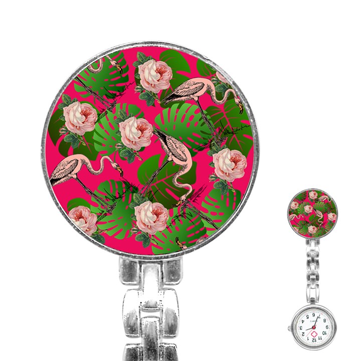 Flamingo Floral Pink Stainless Steel Nurses Watch