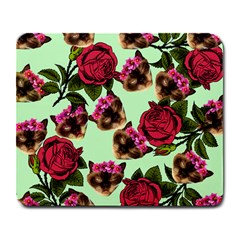 Lazy Cat Floral Pattern Green Large Mousepads by snowwhitegirl