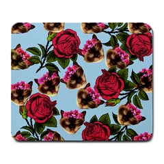 Lazy Cat Floral Pattern Blue Large Mousepads by snowwhitegirl