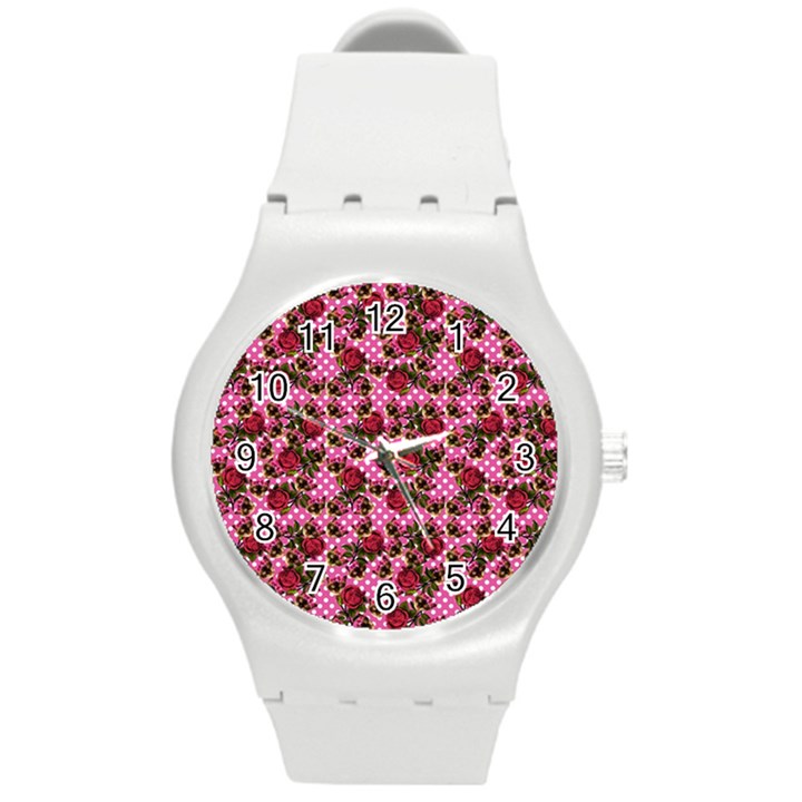 Lazy Cat Floral Pattern Pink Polka Round Plastic Sport Watch (M)