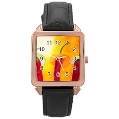 Three Red Chili Peppers Rose Gold Leather Watch  by FunnyCow