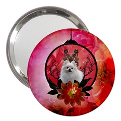 Cute Pemeranian With Flowers 3  Handbag Mirrors by FantasyWorld7